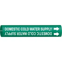 Green snap-on pipe marker with white legend reading 'Domestic Cold Water Supply' and directional arrows. Fits pipe outer diameters from 2-1/2 to 3-7/8 inches. Used to identify domestic cold water supply lines in piping systems.
