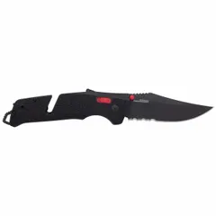This assisted-opening folding knife features a serrated blade for cutting fibrous materials such as rope and webbing. With a closed length of 3 1/4 inches and an overall length of 9 inches, it is suitable for everyday carry, outdoor tasks, and tactical applications.