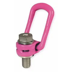 This pivot and rotate hoist ring is designed for lifting applications requiring a swiveling connection point. Constructed of steel with a pink powder-coated bail, it features a 1/2"-13 thread size and a maximum working load limit of 2,200 lb. Suitable for rigging and overhead lifting tasks where load orientation adjustment is needed.