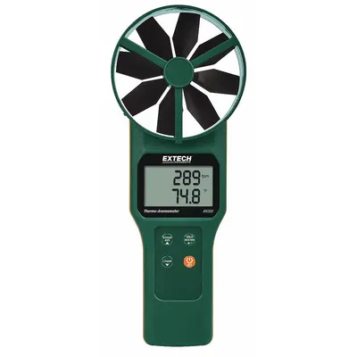 EXTECH Anemometer: 1 fpm Air Velocity Resolution, Rotating Vane, Air Flow/Air Velocity/Temp - Rotating Vane Air Velocity Meters