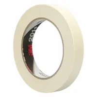 Tan crepe paper tape with rubber adhesive, 11/16 in wide by 60 yd long, 4.4 mil thick. Designed for indoor use on paper surfaces. Suitable for light-duty masking, bundling, and holding applications requiring a temporary bond