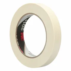Tan crepe paper tape with rubber adhesive, 11/16 in wide by 60 yd long, 4.4 mil thick. Designed for indoor use on paper surfaces. Suitable for light-duty masking, bundling, and holding applications requiring a temporary bond.