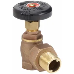 Bronze angle-body radiator valve with hand-wheel actuation for hot water and steam heating systems. Features 3/4 in NPT pipe connection and 3/4 in radiator connection. Rated for 60 psi water and 15 psi steam. Used to manually regulate flow in one-pipe steam or two-pipe hot water radiator installations.