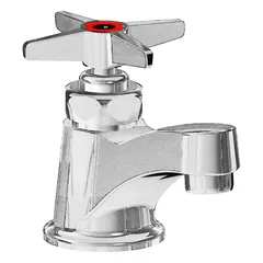 Single-post handle bathroom faucet constructed from cast brass with a polished chrome finish. Includes mounting hardware. Flow rate of 0.5 gpm. Suitable for bathroom sinks in commercial or residential settings.