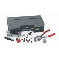 This 12-piece steel brake tubing service kit is used for cutting, flaring, and deburring steel tubing in automotive and industrial brake line fabrication and repair. The kit includes tools for tube-type service and is constructed entirely of steel.