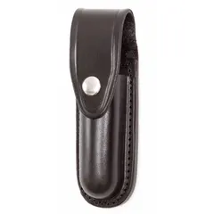 This duty equipment pouch is designed to carry a flashlight on a belt. It is constructed from black leather with a basket weave finish and features a snap closure for secure retention. Suitable for use by security personnel and others requiring quick access to a flashlight.