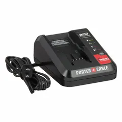Single-port charger for 20V DC batteries. Operates on 120V AC input. Charges a 2 Ah battery in approximately one hour. Suitable for recharging batteries used in cordless power tools for construction, woodworking, and maintenance tasks.