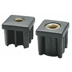 This tube end leveling mount features a square nylon body with M12 thread and a capacity of 1,008 lb. It is used for leveling and stabilizing tubular structures in industrial machinery, conveyors, and workstations, providing adjustable support without feet.