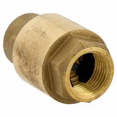This BONOMI check valve features a lead-free brass inline disc design with a poppet mechanism. It has a 3/8 inch pipe size and FNPT x FNPT female NPT connections. The valve prevents backflow in plumbing systems, allowing forward flow and automatically closing on reverse flow. Typical applications include water supply, irrigation, and industrial fluid handling.