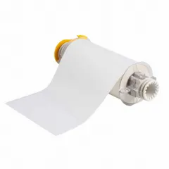 Continuous label roll, 7 in x 50 ft, made of white gloss polyester for indoor/outdoor use. Compatible with PowerMark printer series for thermal transfer printing. Used for durable identification such as asset tags, pipe markers, and safety labels in industrial environments.