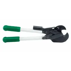 This ratcheting cable cutter features a shear cutting action and a fiberglass handle. It is designed for cutting data cable up to 1 3/16 in maximum diameter and aluminum cable up to 795 kcmil. The ratcheting mechanism enables clean cuts with reduced hand force, suitable for network cabling and aluminum conductor tasks in industrial and commercial settings.