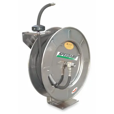 SPEEDAIRE Spring Return Hose Reel: 50 ft (1/2 in I.D.), 1/2 in MNPT, 300 psi Max Op Pressure - Corrosion-Resistant Stainless Steel Washdown Spring-Return Hose Reels