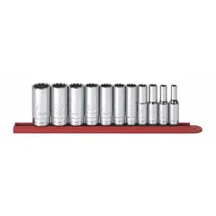 This 3/8 in drive SAE socket set includes 6-point sockets ranging from 1/4 in to 7/8 in. Friction retention holds sockets on the drive tool. Suitable for tightening and loosening hex fasteners in automotive, industrial, and general mechanical applications. Not tether capable; socket bits and thin-wall sockets are not included.