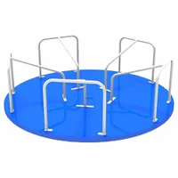 This playground spinner features a blue finish and multiple handrails for user support. It requires an installation zone of 19.7 ft by 19.7 ft. Suitable for use in parks, schools, and community play areas to provide spinning motion that aids in balance and coordination development