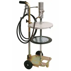 This air-operated piston drum pump delivers grease at a 60:1 ratio with a maximum flow rate of 48 oz/min. It handles fluids up to 150°F and features a steel suction tube. Typical applications include transferring high-viscosity grease from drums to lubrication points in industrial settings.