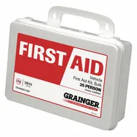 This wall-mountable first aid kit houses 96 components in a white plastic cabinet, serving up to 25 people. Contents include (30) adhesive bandages, (10) BZK wipes, tape, and (2) antihistamines. It meets OSHA 29 CFR 1910.151(b) standards for general workplace first aid