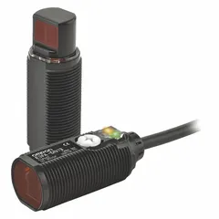 M18 threaded cylindrical photoelectric sensor with a 2 m non-terminated cable. Operates on 10-30V DC with NPN output. Suitable for object detection in industrial automation, packaging, and material handling applications.