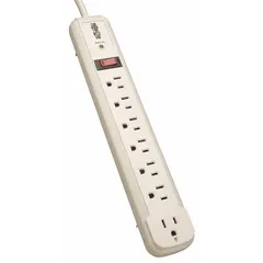 General purpose surge protector outlet strip with 7 outlets, 4 ft cord, 540 J energy rating, and 15 A current. Keyhole mounting allows secure attachment to walls or racks. UL 1363 listed. Suitable for power distribution and surge protection in workbench, server rack, or manufacturing floor applications.