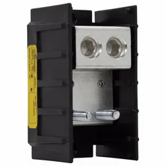 Open power distribution block with lug-to-lug connections. Accepts line side wire sizes from 6 AWG to 500 kcmil. Copper construction for low-resistance connections. Surface mount design for use in control panels and electrical distribution systems.
