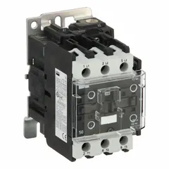 This non-reversing IEC contactor features 3 poles and 3 normally open (NO) contacts, rated for 50 A with a 24V AC coil. It is designed for switching electrical loads in industrial motor control and automation systems, such as conveyors, pumps, and compressors. No integrated surge suppression.