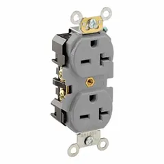 Gray duplex receptacle rated 20 A at 250 V AC, 2-pole/3-wire grounding, NEMA 6-20R. For flush mounting in commercial or industrial settings to supply power to equipment requiring a NEMA 6-20 configuration.