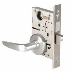 This privacy lever lockset is designed for interior doors requiring push-button locking from the inside, such as bathrooms or bedrooms. It features a satin chromium-plated stainless steel finish, ADA-compliant lever, and interchangeable core. The ANSI F19 function provides privacy locking without a visual indicator. Suitable for commercial and institutional applications where accessibility and durability are needed.