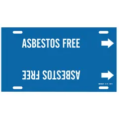 Strap-on pipe marker for identifying asbestos-free piping. Blue background with white legend text. Fits pipe outer diameters of 10 to 15 inches. Includes directional arrows for flow indication. Suitable for industrial piping systems requiring clear labeling.