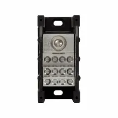 Open power distribution block with aluminum construction for surface mounting. Accepts line side wire sizes from 6 AWG to 350 kcmil via lug-to-lug connections. Used to distribute power from a single incoming cable to multiple circuits in industrial control panels and electrical distribution systems.