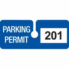 Vinyl parking hanger in blue with a white imprint area. Card height 2 inches, overall width 4 3/4 inches. Pack of 100. Used for vehicle identification in parking lots and garages.