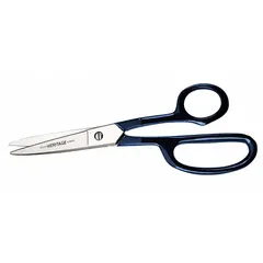 These 9-inch offset plastic-handle scissors feature a straight steel blade with a fine edge and a blue handle, configured for right-hand use. Designed for cutting carpet and heavy fabric, they are suitable for flooring installation, upholstery, and textile trimming in industrial or commercial settings.