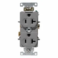 General purpose duplex receptacle rated 20A at 125V AC with NEMA 5-20 configuration, 2-pole/3-wire grounding. Gray thermoplastic face. For use in commercial and industrial environments where 20A branch circuits are required.