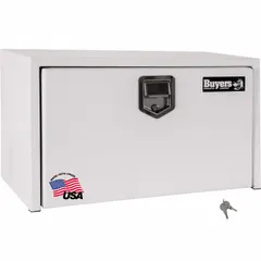 Single drop-down door storage box made of white steel with a keyed lock. Designed for underbody mounting on trucks, providing secure, weather-resistant storage for tools and equipment.