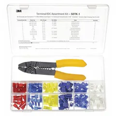This mixed wire connector and terminal set includes 24 female butted seam disconnects and a crimping tool. It is used for making electrical connections in wiring, maintenance, and repair tasks for wire sizes 22 AWG to 10 AWG.