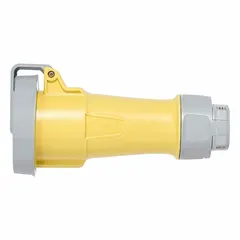 This LEVITON pin and sleeve connector is rated for 125V AC, 20 A, single phase, 2 pole, 3 wire with IEC grounding. It is designed for washdown environments requiring water-resistant electrical connections, such as food processing and pharmaceutical facilities.