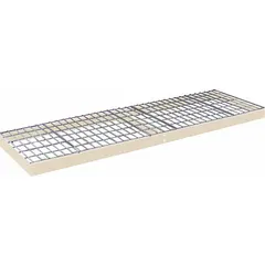 This boltless shelf kit includes a steel frame and 4 ga wire decking, both powder coated in tan. It features a single straight configuration with a center support, rated for 600 lb evenly distributed load. Suitable for use with boltless shelving systems in warehouses and industrial storage areas.