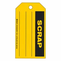 Yellow rectangular paper tag with header wording 'Scrap'. Measures 5 3/4 in wide by 3 in high. For indoor use. Pack of 100. Used to identify materials designated for scrap in industrial facilities