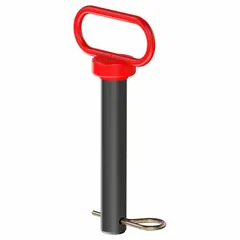 This steel pin-and-clip assembly features a 1-inch diameter pin with a powder-coated finish. It includes a clevis pin clip for secure attachment. Commonly used to secure a trailer hitch receiver to a tow bar in towing applications.