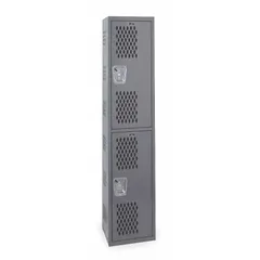 This HALLOWELL ventilated metal wardrobe locker is constructed of gray steel with a ventilated door to promote airflow. It is assembled, 2 tiers high, 1 unit wide, and includes a padlock hasp and number plate. Typical applications include secure personal storage in industrial workplaces, schools, gyms, and locker rooms.