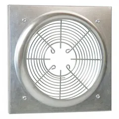 Steel venturi frame designed for wall-mount ventilation fans with a 10-inch blade diameter and 12-1/2 by 12-1/2 inch mounting size. Includes a zinc-plated guard. Used to mount fans and direct airflow through wall openings in exhaust applications.