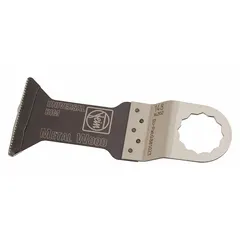 This FEIN 12-point mounted blade is designed for flush cutting in wood. The bi-metal construction provides cutting performance in wood and nail-embedded wood. With an overall length of 2 3/8 in, it is suitable for trimming door jambs, baseboards, and other tight-access applications requiring a precise flush cut.