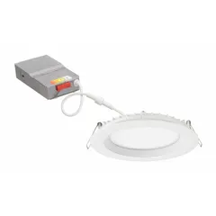 6-inch diameter low-profile canless downlight retrofit kit. Delivers 950 lumens at selectable 2700K/3000K/3500K/4000K/5000K color temperatures, 13W power draw, 120V AC. Dimmable with white trim. Suitable for replacing 100W incandescent or 23W-26W CFL fixtures in residential and commercial ceiling applications.