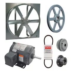 Unassembled belt-drive panel exhaust fan with a 30-inch blade, 1/4 hp motor, and 7,069 cfm airflow. Operates on 230/460V AC, 3-phase power with Class B insulation. Zinc-plated steel frame with totally enclosed nonventilated motor. Suitable for general ventilation in industrial and commercial facilities to remove heat, fumes, or stale air.