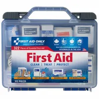 Portable blue plastic first aid kit with 322 components for treating minor cuts, scrapes, and insect stings in workplace or facility settings. Includes 20 butterfly wound closures, 18 insect sting relief wipes, and a trauma pad. No oral or inhalant medication. Serves up to 50 people and meets OSHA requirements