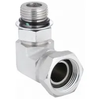 Steel hydraulic hose adapter with 90° swivel elbow. Female NPSM x Male ORB connection. Used to connect NPSM female threads to ORB male threads in fluid power systems, simplifying routing in confined spaces