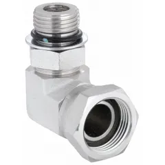 Steel hydraulic hose adapter with 90° swivel elbow. Female NPSM x Male ORB connection. Used to connect NPSM female threads to ORB male threads in fluid power systems, simplifying routing in confined spaces.