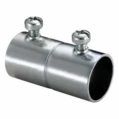 Steel set screw conduit coupling for 1/2 in trade size EMT. Zinc-plated finish with Tri-Drive screws. UL-514B certified. Used to join EMT conduit in electrical raceway systems for industrial, commercial, and residential wiring.