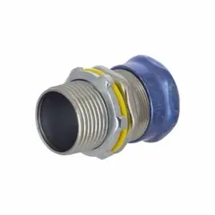 Steel compression conduit connector for joining metallic conduit to enclosures in wet or outdoor locations. Rain-tight design provides environmental sealing. Trade size 1 in, overall length 2 13/32 in. Non-insulated.