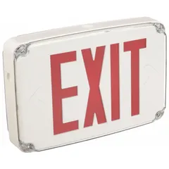This wet location rated exit sign is constructed of plastic with a red finish and features two illuminated faces. It includes a nickel-cadmium battery backup for emergency operation. Designed for ceiling mounting, it is suitable for areas where moisture exposure is possible, such as covered walkways or building entrances.