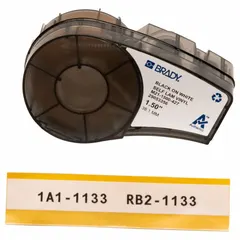 Continuous label roll cartridge for wire and cable identification. White matte vinyl material wraps around 10 AWG to 4 AWG wire gauge. Compatible with M210-LAB printer series; requires R4300 ribbon. Used in industrial control panels, electrical installations, and maintenance applications.