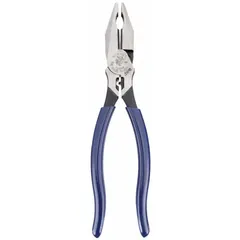 Lineman's pliers with an overall length of 8 5/8 in, jaw length of 1 3/4 in, jaw width of 1 in, and jaw thickness of 1/2 in. The flat jaw design provides a firm grip for twisting and pulling wire, while the integrated wire cutter handles copper and aluminum wire. Dipped handle for comfort. Suitable for electrical, construction, and maintenance tasks.